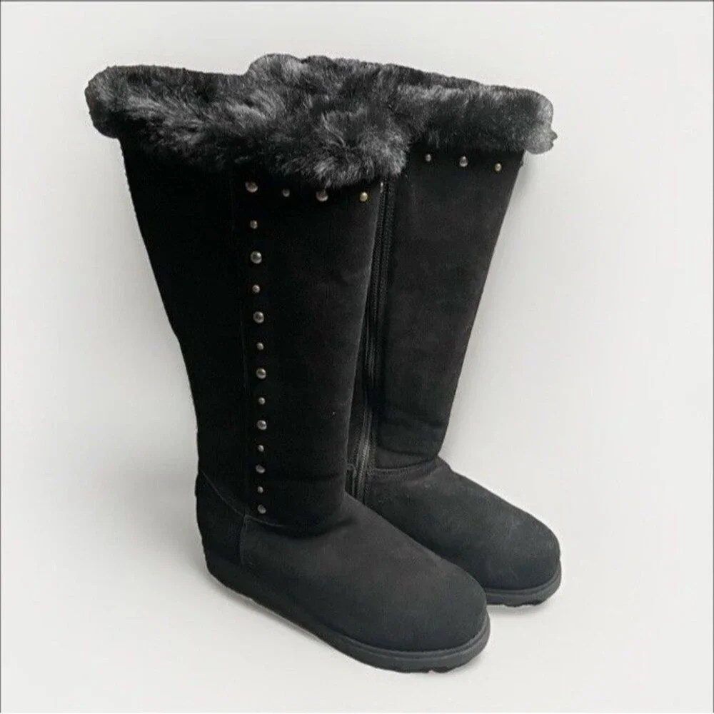 BearPaw Black Tall Faux Fur Winter Boots with Stud Accents Size US 10 Women’s